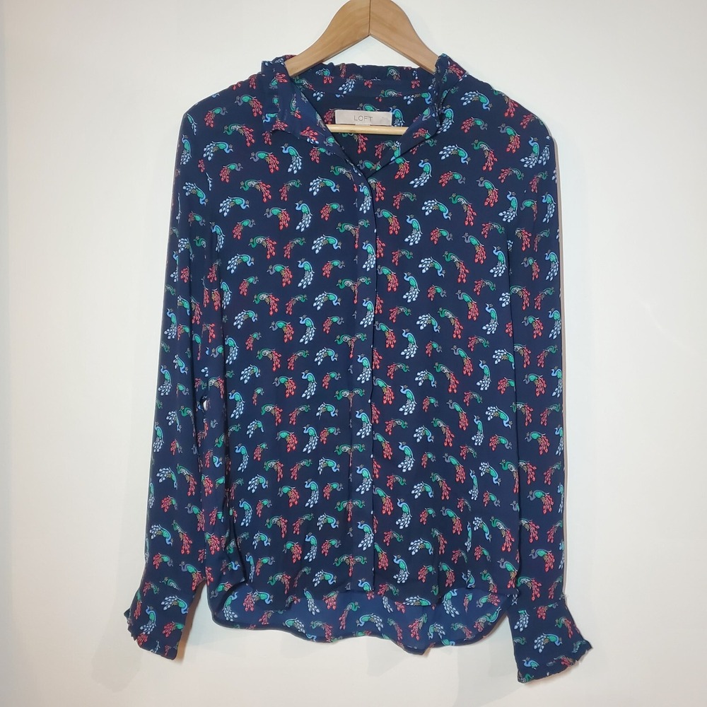 LOFT Sm Top Peacock Print Navy Blue Button Down Ruffle Neck Blouse‎ Long Sleeve